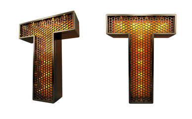 Letter T. Realistic alphabet with lights and grid