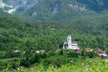 Church of the Sacred Heart and village of Dreznica near Kobarid Slovenia
