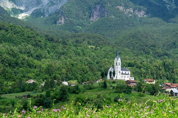 Church of the Sacred Heart and village of Dreznica near Kobarid Slovenia
