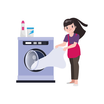 Housewife is washing the clothes with Washing machine.