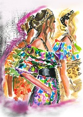 Hand-drawn acrylic abstract fashion illustration of imaginary models in floral printed dresses. Tropical island gypsies. Boho chic gift postcard