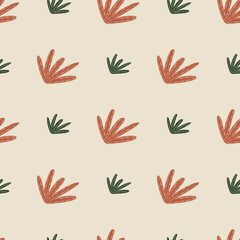 Minimalistic style seamless pattern with pale red and green foliage shapes. Light pink background.