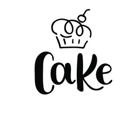 Cake hand drawn lettering, great design for any purposes. Vector isolated illustration. Menu template. Doodle style. Birthday party.