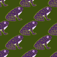Abstract seamless doodle pattern with zoo marine purple frog silhouettes artwork. Green background.