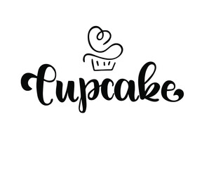Cupcake vector calligraphic text with cake illustration. Sweet cupcake with cream and heart, vintage dessert emblem template design element. Candy bar birthday or wedding invitation.