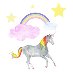Watercolor illustration of beautiful Unicorn on clouds with a rainbow and stars, vector. Concept of contemporary art collage.
