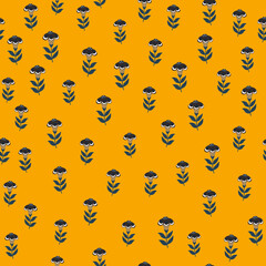 Abstract nature botanic seamless pattern with little flowers folk shapes. Yellow background. Hand drawn print.