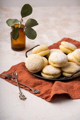 Fresh homemade cookies on metal plate. rustic style. Copy space for a text. Selective focus . High quality photo