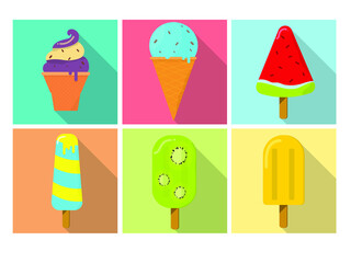 Ice cream of various shapes in the squares with a shadow