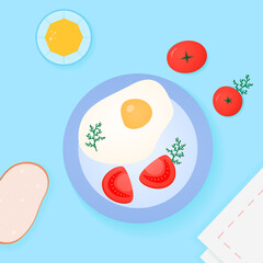 Healthy meal, breakfast with scrambled egg, chopped tomatoes, parsley, greens, orange juice, whole wheat bread, napkin. Vector flat illustration in bright colors for a poster, greeting cards, template