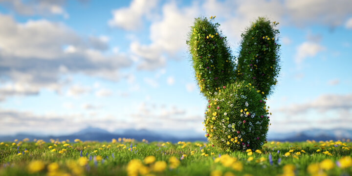 Easter bunny made of spring grass and flowers on green meadow.
