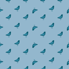 Abstract seamless pattern with zoo ornithology birds little elements. Blue palette artwork.