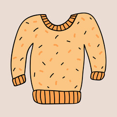 Cute and funny hand drawn knitted sweater for a cold weather with trendy décor in yellow colors. Vector illustration with hand drawn outline isolated on background. Stylized christmas symbol.