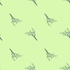 Minimalistic seamless pattern with green leaves branches silhouettes print. Pastel background. Art print.