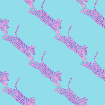 Geometric Seamless Pattern With Pink Tiger Doodle Print. Blue Bright Background. Doodle Design.