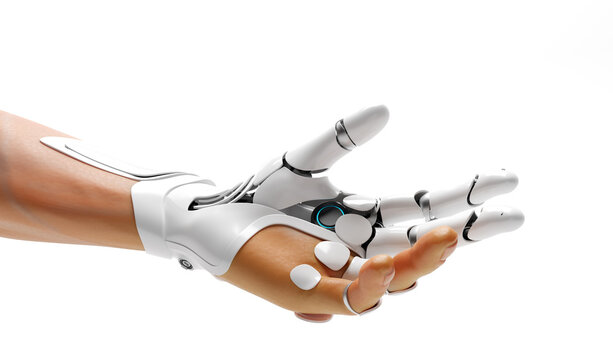 Robotic Bionic Hand Connected With Human Hand.