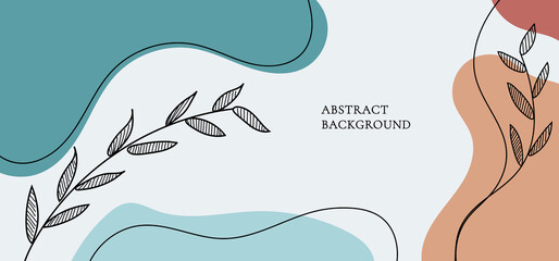 Banner web design template background colored organic shapes, line art leaves.