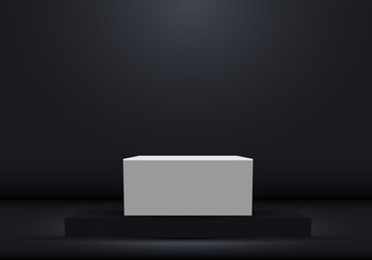 3D realistic dark platform with white empty pedestal for product display showcase or place for presentation.