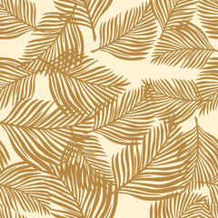 Random exotic nature seamless pattern with beige fern leaves ornament. Hand drawn tropic print.