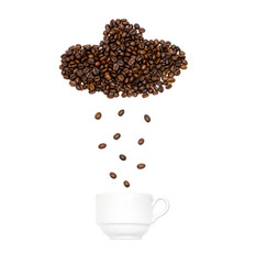 Coffee beans arranged in the shape of a raining cloud over a white cup