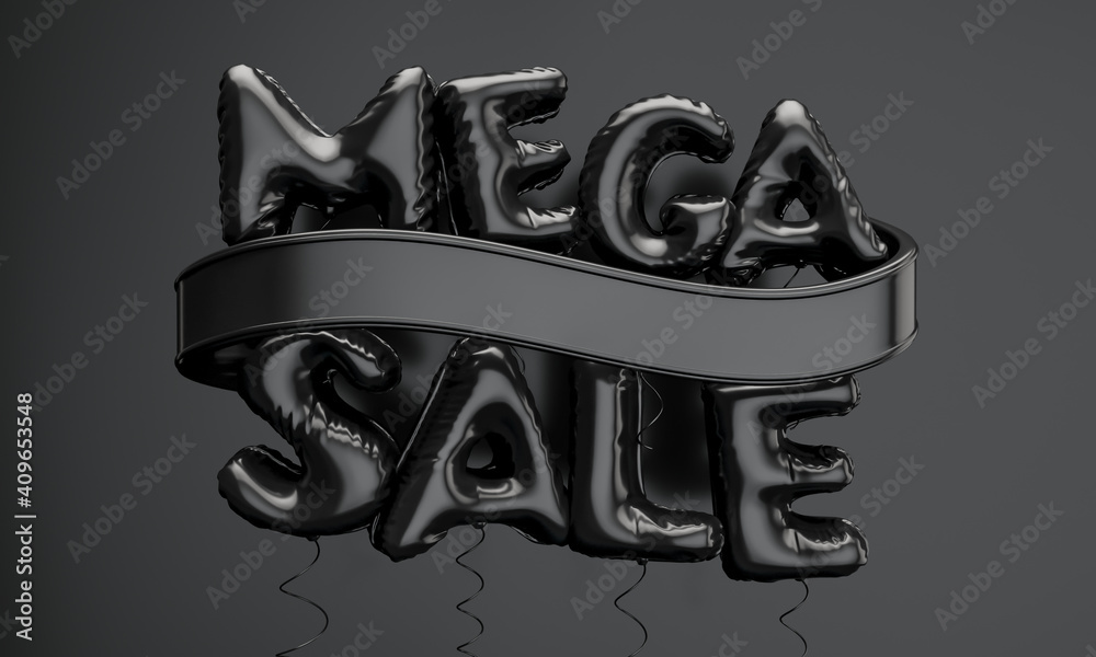 Wall mural Mega Sale on black balloons. 3D illustration, 3D art.