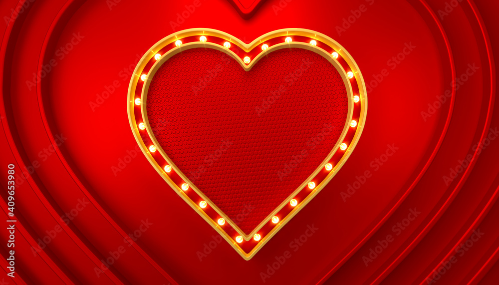 Wall mural red and gold heart background with lights and space for text. valentine's day. 3d illustration, 3d a