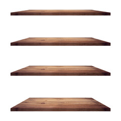 4 Wood shelves table isolated on white background and display montage for product.