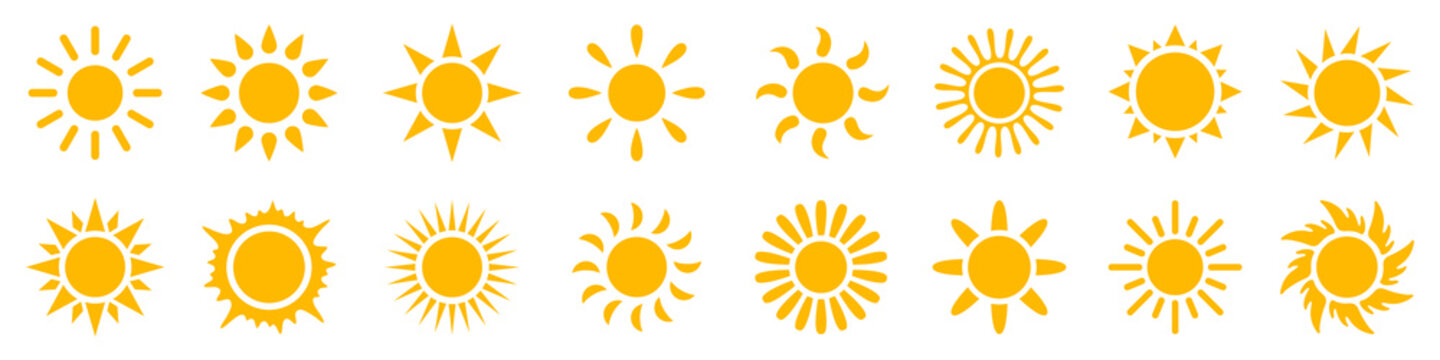 Set sun icons sign, solar isolated icon, sunshine, sunset collection, summer, sunlight – stock vector