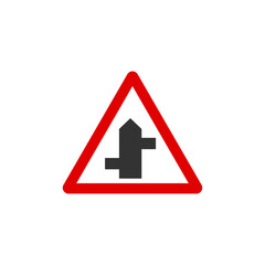 Staggered junction left turn first triangle road sign icon. Traffic sign symbol modern, simple, vector, icon for website design, mobile app, ui. Vector Illustration