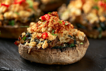 Stuffed mushrooms with spinach, bread crumbs and cheese on stone board