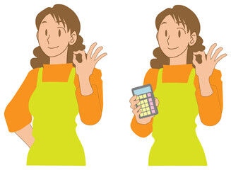 オッケーサイン　電卓　エプロン　主婦