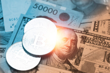 Golden Bitcoins pile on banknote background. Digital and actual currency exchange concept.