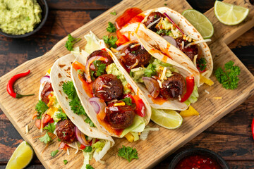 Meat free beetroot and pea protein meatballs taco wraps with avocado guacamole, sweet chilli sauce...