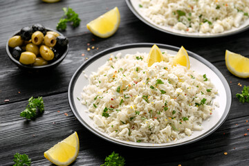 Greek Feta cheese Rice with lemon zest and herbs