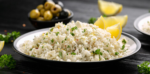 Greek Feta cheese Rice with lemon zest and herbs