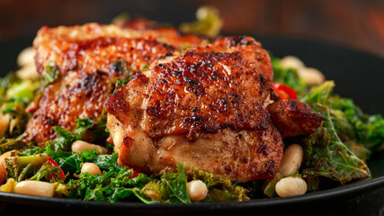 Roasted chicken thighs with kale and cannellini beans served with chili peppers