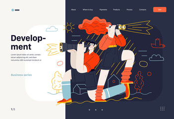Business topics - development, research, web template. Flat style modern outlined vector concept illustration. Young man looking through the telescope and a woman with binoculars. Business metaphor.