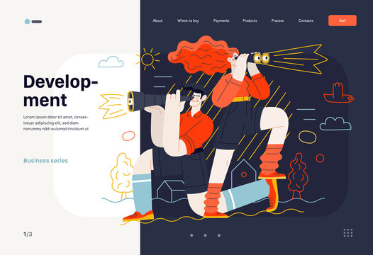 Business Topics - Development, Research, Web Template. Flat Style Modern Outlined Vector Concept Illustration. Young Man Looking Through The Telescope And A Woman With Binoculars. Business Metaphor.