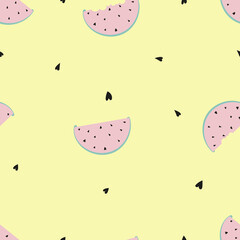Seamless cute pink watermelon with heart shape seeds on yellow background, Kawaii pattern summer fruits in pastel colour, Vector endless designs for kids on summer holiday