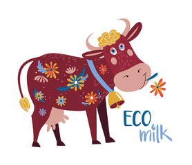 Cute cow with flowers as a symbol of fresh, healthy, eco, farm milk products. Vector illustration, eps8