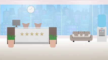 Reception interior. Hotel reception counter. Business office, hotel or bank interior, and waiting area. Flowers, sofa, windows, cooler. Flat style. Hotel reception counter. Stock vector illustration.