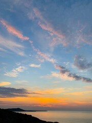 Orange sunset at the sea, evening sea view background