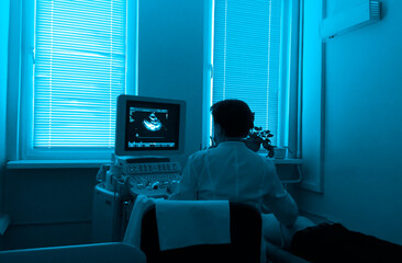 The doctor performs an ultra-sound examination of the patient's abdominal cavity in the doctor's...