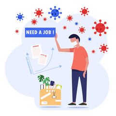 A worker losing job due to COVID 19 pandemic, staff finding a job during coronavirus outbreak, business in recession and bankruptcy, unemployment concept affected by virus