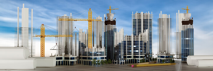Fototapeta na wymiar Panoramic view of the modern city under construction. Large construction site with unfinished skyscrapers. 3d illustration. Banner