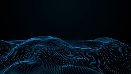 Background big data visualization futuristic technology. Abstract Music background. Beautiful motion waving dots texture with glowing defocused particles. 3d rendering