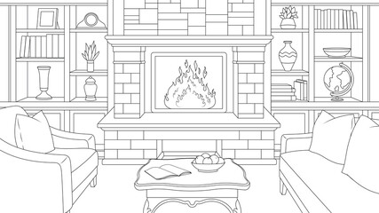 Vector illustration, room interior with fireplace, with shelves and upholstered furniture
