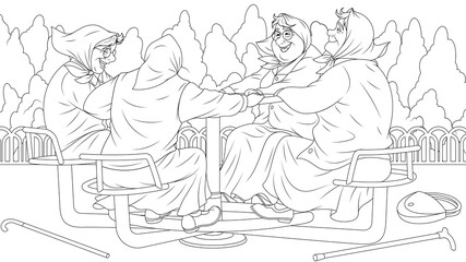 Vector illustration, funny grandmothers ride the carousel in the playground