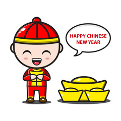 cute chinese boy holding gold in chinese new year