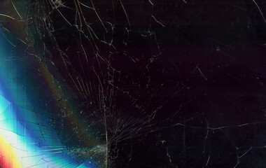 Shattered screen background. Dust scratches texture. Dark distressed faded TV display matrix with...